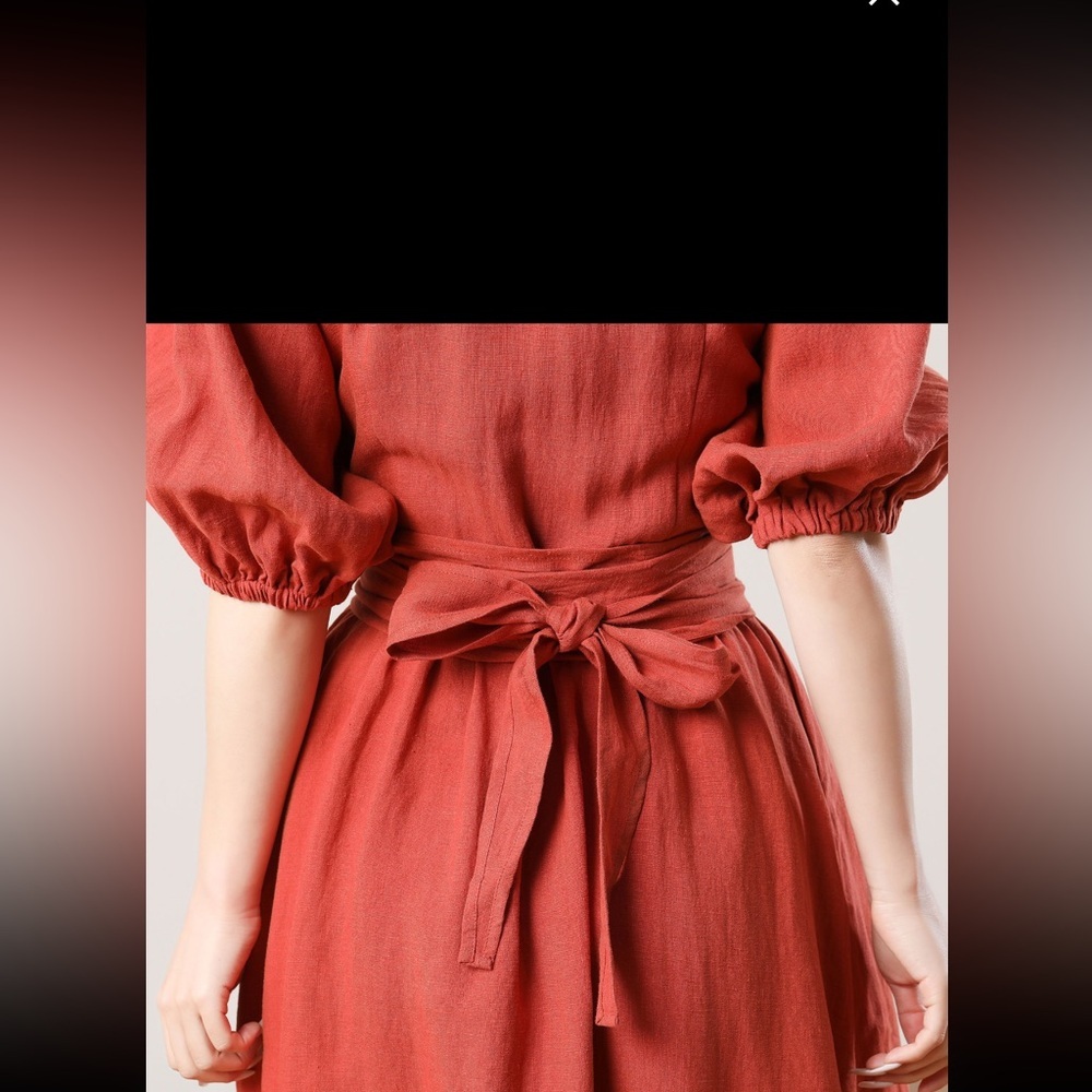 Women's Rust Wrap Midi Dress with Puff Sleeves - Picture 10 of 14